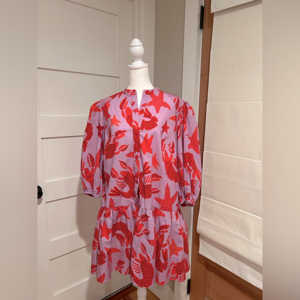 Farm Rio Red and Purple Starfish/Lobster Print Dress